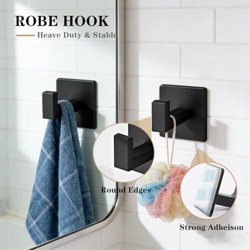 5 Pieces Self Adhesive Bathroom Hardware Set-SUS304 Stainless Steel-Towel Rack Set Include 16″Towel Bar+Toilet Paper Holder+3 Towel/Robe Hooks Bathroom Accessory (Matte Black, 16 in)