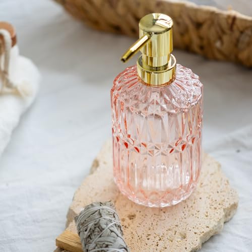 EMPO Clear Glass Soap Dispenser with ABS Plastic Pump, Crystal Lotion Dispensers for Kitchen Sink, Bathroom (Light Pink) - color: Light Pink