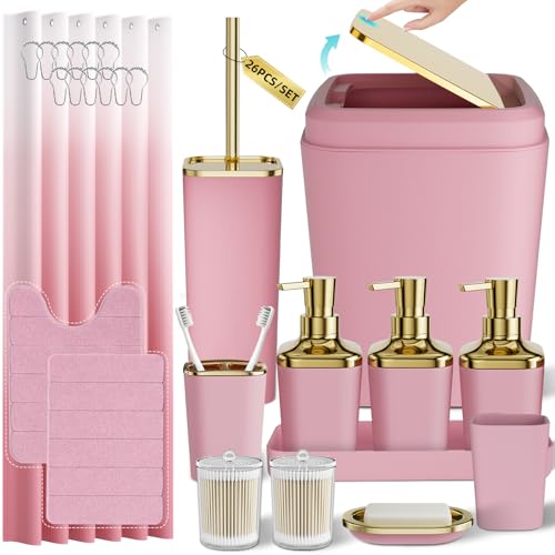Bathroom Set - 26PC Bathroom Sets with Shower Curtain and Rugs, Bathroom Accessory Set, Pink Bathroom Set, Elegant Bathroom Accessories Set, Shower Curtain Set, Trash Can & Soap Dispensers - color: Pink & Gold, size: Bath Set+Shower Curtain+Bath Rugs