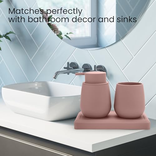 Bathroom Accessories Set, Modern 3 Pcs Bathroom Essentials - Soap Dispenser, Toothbrush Holder & Tray, Countertop Vanity Organizer (Pink) - color: Pink