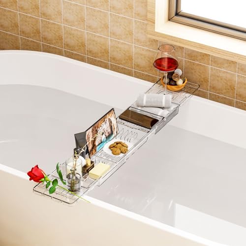 Yieach Iuxury Bathtub Trays For Tub,Expandable Bath Shelf Over Tub,Clear Bath Table,Bath Board,Bath Caddy Tray and Bath Tub Accessories for Women Relaxing With Bath Reading Book and Ipad Holder,1 Pack