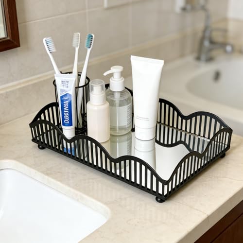 Black Metal Decorative Tray with Mirror Base - Square Multi-Purpose Tray for Bathroom, Living Room, Hallway and Kitchen (8.4"X5.8"X2") - size: 8.4" x 5.8" x 2"