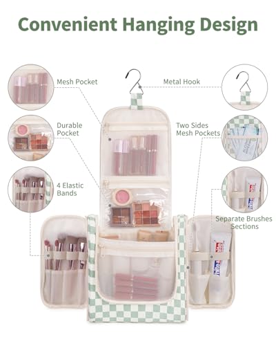 Narwey Travel Toiletry Bag for Women, Checkered Large Hanging Makeup Bag Organizer Cosmetic Make up Bags for Women, Travel Bag for Toiletries (Mint Green Checkerboard) - color: C-Mint Green Checkerboard, size: Large