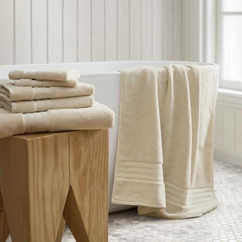 Martha Stewart - Bath Towels, Soft & Absorbent 100% Cotton Towels, Plush 700 GSM, 6-Piece Bathroom Towel Set with Textured Dobby Weave (Skyland Manor Beige) - color: Skyland Manor Beige