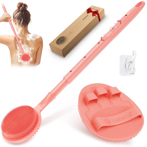 Soft Silicone Back Scrubber & Bath Glove 2PCS, 16''- 24'' Extendable Back Scrubber with Dual-Side Head, 360° Anti-Slip & Hand-fit Silicone Body Scrubber for Rich Foaming Deep Cleaning(Pink) - color: Pink*2
