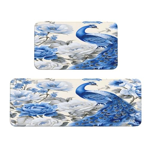 Vintage Blue Peacock Floral Kitchen Rugs Mats Set of 2 Pcs Non-Slip Floor Mats Washable Runner Rugs Set for Bathroom Laundry Hallway Kichen Comfort Standing Mat - color: Vintage Blue Peacock Floral