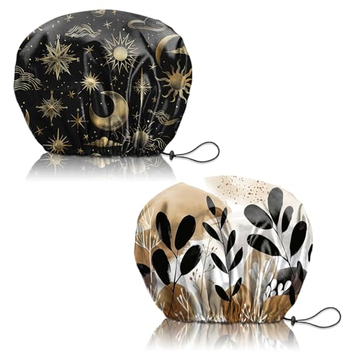 2 PCS Shower Cap Reusable Waterproof Adjustable Double Layer Elastic Dry Hair Bathing Caps Aesthetic Cute for Women Girls-Sun Moon Leaf - color: H-7-Sun Moon Leaf