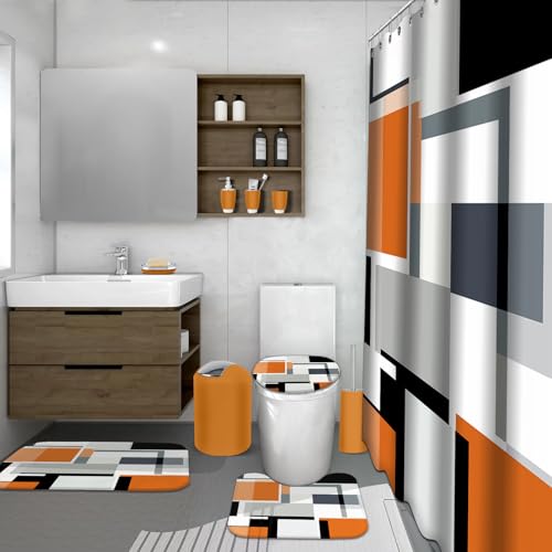 Lnond Orange Bathroom Set, 23-Piece Orange Black Geometric Bathroom Decor Set with with Shower Curtain and Rugs, Trash Can, Toilet Brush Holder Set & Soap Dispenser - style: Orange Geometric