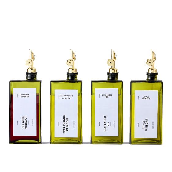 Olive Oil Dispenser Bottle for Kitchen, 16.9oz /500ml Cooking Vinegar Dispenser Bottle Set, Glass Sauce Container, Labels, Brush, Funnel, Stoppers, Green for Oil, Wine - color: Golden, 4 Pack