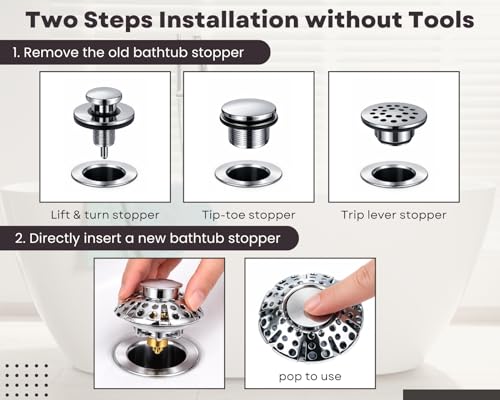 Universal Bathtub Drain Stopper, Bathtub Drain with Strainer, Pop Up Tub Drain Hair Catcher for 1-3/8 to 2in Tub Drain Hole