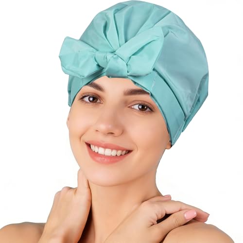 Shower Cap for Women Reusable Waterproof, Large Satin Shower Bonnet, Washable Bath Hat for Long Hair, Braids, Curly Hair, Aqua - color: Aqua