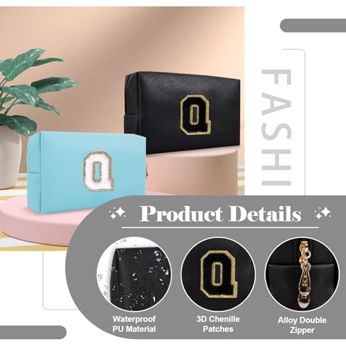 Personalized Initial A-Z Preppy Patch Makeup Bag,Small PU Chenille Letter Cosmetic Bag with Zipper for Teen Girls,Black Cute Toiletry Organizer Bag,Monogram Makeup Case Gift for Women Girls,Letter Q - color: Black,Black-Letter, size: Q