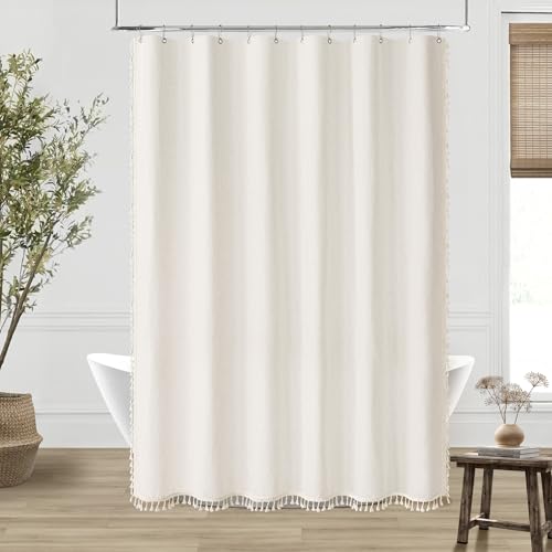 Cream Linen Shower Curtain with Tassels Water Repellent 72x72 Inch | Modern Elegant Bohemian Country Minimalist Style, Bathroom Decor Shower Curtains, Ivory Natural, Fabric Drapes, with Hooks - color: Natural - Tassels, size: 72"W x 72"L (Pack of 1)