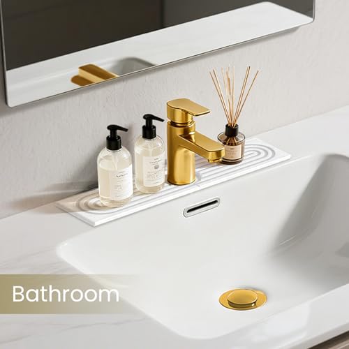 Diatomite Faucet Mat for Kitchen Sink, Quick-Dry Stone-Like Sink Mat, Flat Lay Absorbent Countertop Drying Mat for Faucet Area, Hard Diatomite Mat, White, 15.8 x 4 in - color: White-D