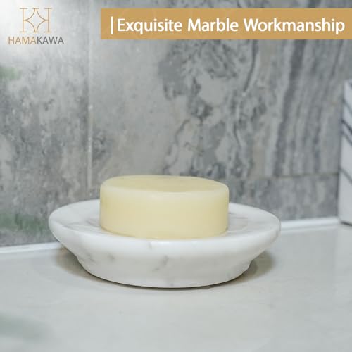 Natural Marble Soap Dish, Round White Jewelry Dish 4.5 Inch, Limestone Shower Soap Holder, Modern Stone Sponge Holder with Beveled Edge, Bar Soap Saver Tray for Bathroom, Kitchen - color: Volakas 4.5-in Circ Beveled
