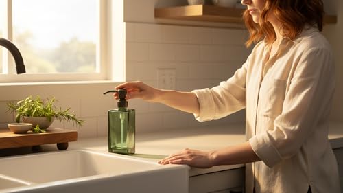 13.5 Oz Green Glass Soap Dispenser with Rust Proof Stainless Steel Pump, Antique Design Refillable Square Lotion Dispenser for Bathroom, Premium Kitchen Hand Soap (Oil Rubbed Bronze) - color: Gree +Oil Rubbed Bronze