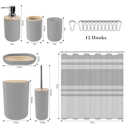 Britimes Bathroom Accessories Set, Grey Shower Curtain Set with Trash Can, Soap Dispenser, Toilet Brush Holder, Toothbrush Holder and Toothbrush Cup for Bathroom Decor - color: Grey1