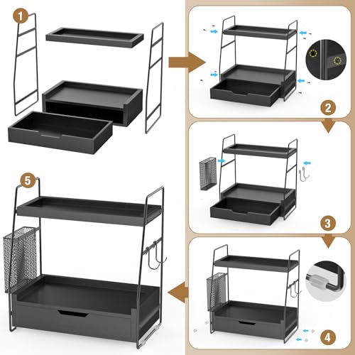 2-Tier Bathroom Counter Organizer with Drawer and Removable Basket, Wood Vanity Countertop Storage for Perfume, Makeup, Skincare, Bathroom Counter Shelf, 13" x 7.9" x 14.5", Black - color: Black