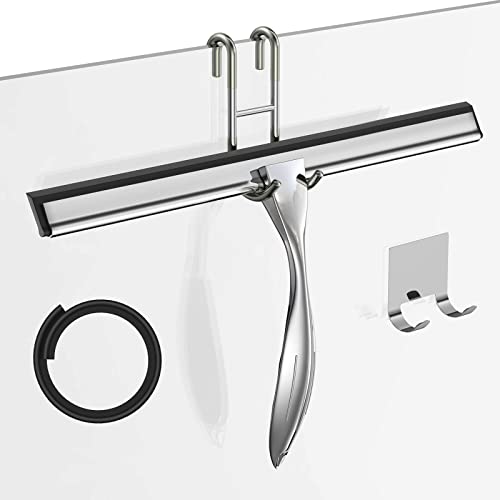 14-Inches Stainless Steel Shower Squeegee Set, Include Shower Door Hook, Adhesive Hook and Spare Silicone Blade, Window Squeegee for Shower Glass Door, Bathroom, Mirror, Window and Car Glass - color: Silver, size: 14-inch
