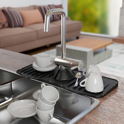 Black Kitchen Sink Splash Guard Behind Faucet. Food-Grade Silicone Kitchen Faucet Splash Guard for Bathroom, RV. Durable Faucet Absorbent Mat for Kitchen Sink with Flexible Petals, Grooves