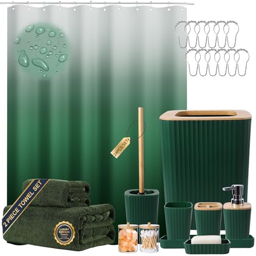 XLHOMO Dark Green Bathroom Set - Green Bathroom Accessories Set, 24PCS Bathroom Accessory Set with Shower Curtain, Bath Towels, Trash Can, Soap Dispenser, Green Bathroom Accessories for Home - color: Hollow Dark Green, size: Bath Set+Shower Curtain+Towels