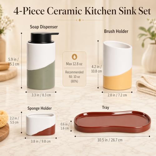 Bosilunlife Ceramic Soap Dispenser Set with Sponge Cup, Brush Cup & Tray | 4-Piece Ceramic Set Includes 12 Oz Foam Soap Dispenser, Sponge Cup, Brush Holder and Tray for Kitchen or Bathroom Counters. - size: Foam Pump