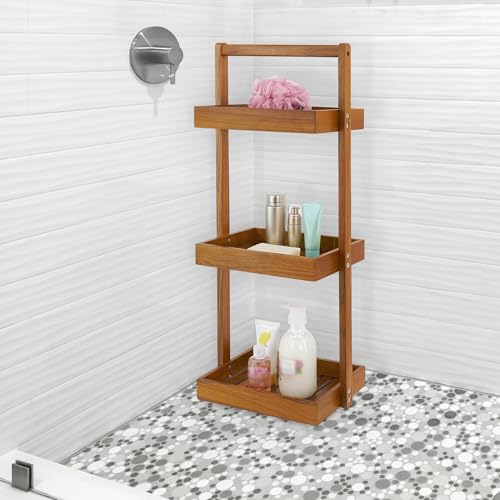 Utoplike Teak Shower Caddy Corner, 3 Tier Standing Shower Organizer Shelf with Handle, Wood Bathroom Stand Up Caddy Basket for Shampoo, Rack for Inside Shower, Bath, Office, Kitchen Desktop - color: 3 tier