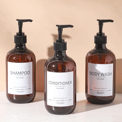 Stylish Shampoo Bottles Refillable with Pump,(5Pack) Amber Shampoo and Conditioner Dispenser,Shampoo Bottles with 8pcs Lables - color: Amber-w