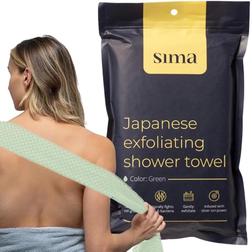 Sima Brand Exfoliating Washcloth Face & Body Scrub Towel - Japanese Exfoliating Towel with Hexagon Fibers, Body Scrubber with 2 Sides for Scrubbing & Washing, Extra Long Body Towels (Green) - color: Green