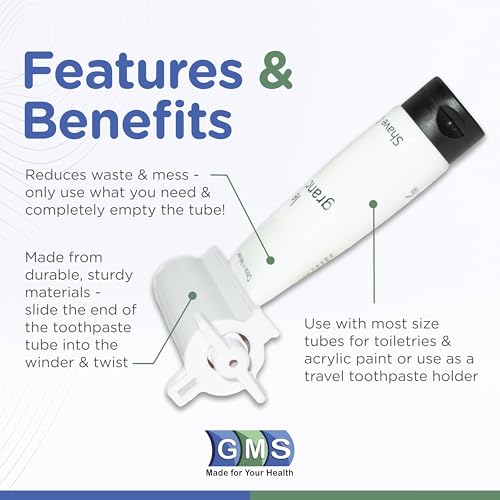 GMS Group Medical Supply, LLC Toothpaste Tube Winder - Toothpaste Squeezer with Simple Mess-Free Design - Also Ideal for Face Cream, Paste, Makeup, Paint - Suitable for Plastic & Metal Tubes (2 Pack)