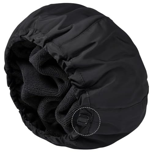 Shower Cap for Women Black Bath Cap, Reversible Large Waterproof Adjustable Shower Caps Terry Lining & Elastic Band Stretch Hem Hair Hat - color: BLACK