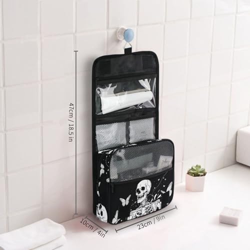 MNSRUU Hanging Toiletry Bag Gothic Skull and Butterflies Travel Makeup bag for Toiletries Portable Travel Toiletry Organizer Cosmetic Bags with Hanging Hook - color: Skull A10819