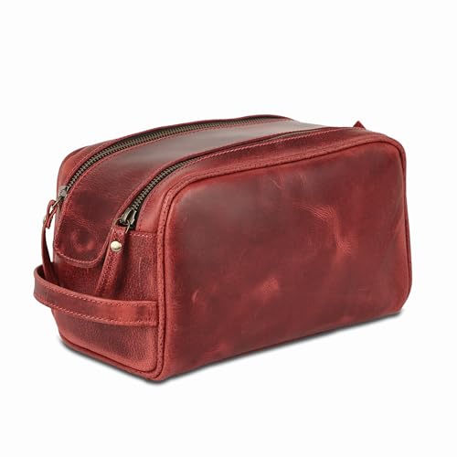 KomalC Leather Toiletry Bag for Men & Women – Handcrafted Travel Grooming Kit with Water-Resistant Lining and Secure Zipper Closure - style: 1 Zip Classic Red