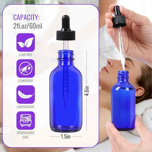 AuroTrends Glass Dropper Bottle 2 oz 24Pack, Blue Glass Tincture Bottles with Dropper, Funnel, Stickers, Plastic Graduated Pipette - color: Blue, size: 2fl.oz-24Pack