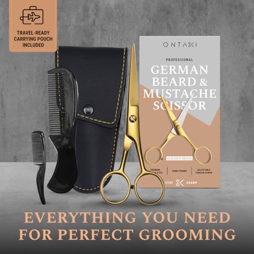 Ontaki Beard & Mustache Scissors for Men - 5inch, Gold Brass - 410C German Steel Durable, Ergonomic Design Travel Friendly Facial Hair Scissors - Beard Kit 2 Combs & Case Perfect for Styling - color: Golden Brass
