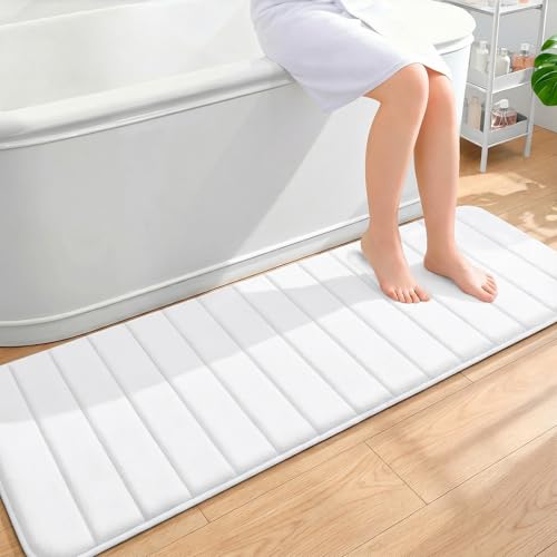 OLANLY Memory Foam Long Bathroom Rugs Runner 59x20, Super Soft Absorbent Bath Mat, Quick Dry, Machine Washable Shower Floor Rugs, Bathmat Carpet, Bathroom Home Decor Accessories, White - color: White, size: 59" X 20"