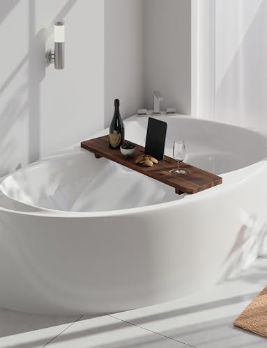 Tinamo 35”L Wooden Bathtub Tray, Bathtub Caddy Tray For Tub with Tablet Slot & Wine Holder - Acacia Bath Tray For Tub, Bath Table - Bathtub Tray Table with Adjustable Legs (Walnut color, 35"x 9"x2.5") | Acacia Wood, 35" x 9" x 2.5", Adjustable Width, Beve