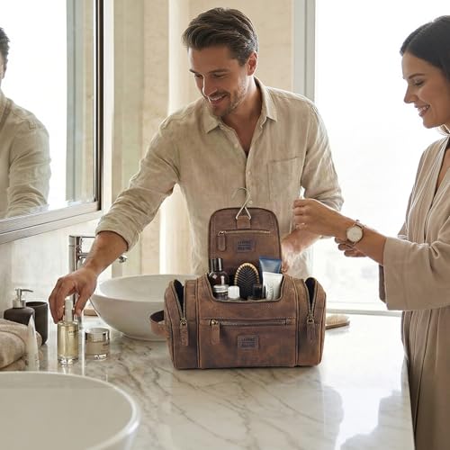 LEATHER VILLAGE Genuine Leather Travel Dopp Kit for Men & Women – Water-Resistant Large-Capacity Hanging Toiletry Bag for Travel, Grooming, Bathroom Organization, Shaving Essentials & Gym Use - Brown - color: Brown