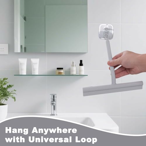 Squeegee for Shower Glass Doors, Resilient Loop - No-Drill & Adhesive Hook, Silicone Shower Squeegee with Stainless Steel Core, Cleaning Tool for Home, Kitchen, Bathroom & Car - Grey - color: Gray, size: with loop