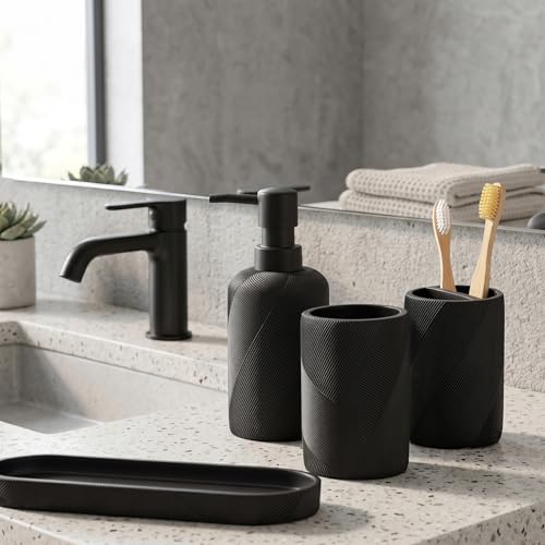 Bathroom Accessories Set, Bathroom Organizer Countertop, Matte Black, 4 PCS | Modern, Simple, Stripe, Resin, With Soap Dispenser, Toothbrush Holder, Mouthwash Cup, Vanity Tray for Home Hotel Office - color: Black1-4pcs