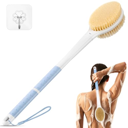 Back Scrubber Body Shower Brush: Anti Slip Long Handle Bath Brush with Stiff and Soft Bristles - Showering Exfoliator Wet or Dry Brushing for Women, Men, Elderly (Blue) - size: Long Handle 18.1 in-Blue