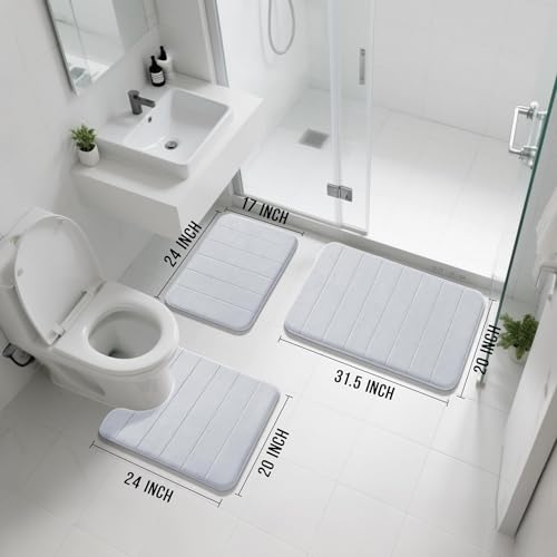 Yimobra Memory Foam Bath Mat Set 3 Pieces- Super Soft Absorbent Quick Dry Bathroom Rug Sets, Machine Washable Non Slip Floor Carpet for Tub Shower, Vanity & Toilet Base, Silver - color: Silver, size: 31.5''x20'' +17''x24'' + 24''x20''
