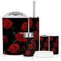 Bathroom Accessory Set 6 Piece Beautiful Pattern red Roses Black Toothbrush Holder, Toothbrush Cup, Soap Dispenser, Soap Dish, Toilet Brush Holder, Trash can for Countertop Rustic Decor