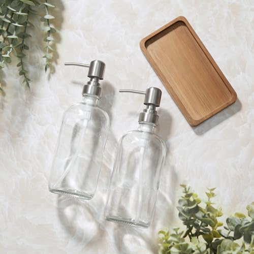 Clear Glass Soap Dispenser Set with Acacia Wood Tray, Refillable Hand Soap Pump Bottle for Kitchen, Bathroom Countertop, Modern Farmhouse Soap Dispenser Set - color: Clear