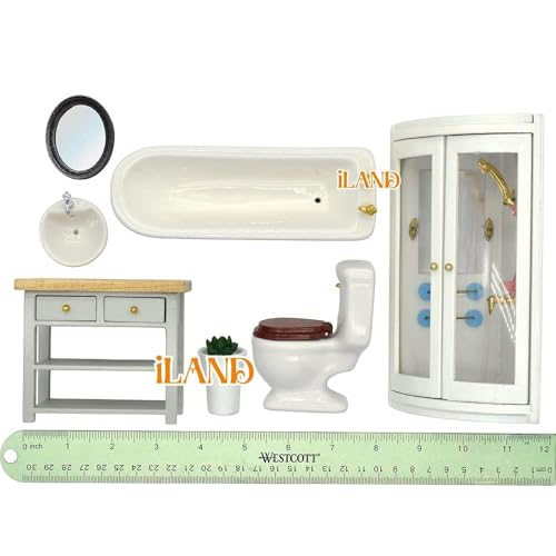 iLAND Dollhouse Furniture and Accessories 1/12 Scale of Dollhouse Bathroom Set incl Ceramic Dollhouse Toilet & Bathtub & Wooden Bathroom Cabinet with Sink (Modern 7pcs)