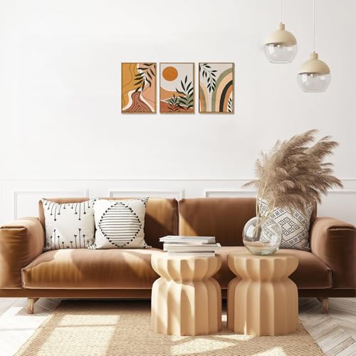 Bwodke Boho Wall Art, Framed Abstract Sun Wall Art, Botanical Canvas Wall Decor, Mid Century Line Leaf Geometric Pictures Set of 3, Minimalist Paintings, for Bedroom Living Room Bathroom 12"x16" - color: Sun Leaf, size: 12"x16"Natural