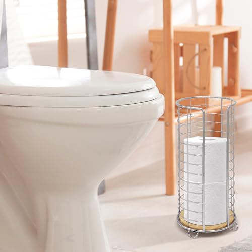 BROOKSTONE, Stylish Toilet Paper Holder with Bamboo Base, Freestanding Bathroom Tissue Organizer, Minimalistic Storage Solution, Modern Trending Design [Holds Large Rolls], Chrome… - color: Chrom/Bamboo