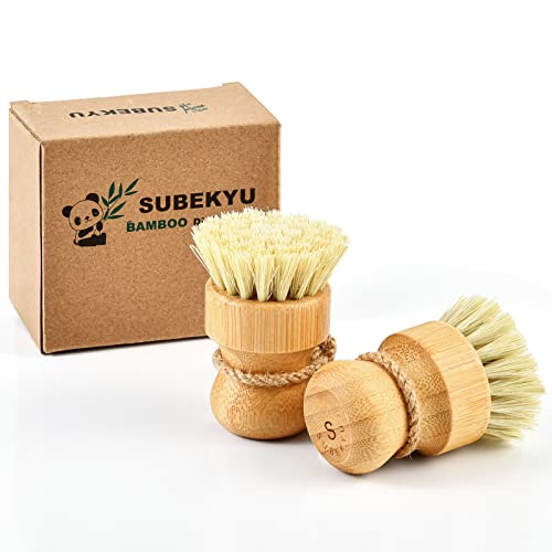SUBEKYU Bamboo Dish Scrub Brushes for Kitchen, Wooden Cleaning Scrubbers Set for Washing Cast Iron Pan/Pot, Natural Sisal Bristles, Set of 2 - color: 2p Sisal Brush, size: Regular size