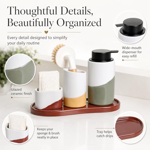 Bosilunlife Ceramic Soap Dispenser Set with Sponge Cup, Brush Cup & Tray | 4-Piece Ceramic Set Includes 12 Oz Foam Soap Dispenser, Sponge Cup, Brush Holder and Tray for Kitchen or Bathroom Counters. - size: Foam Pump