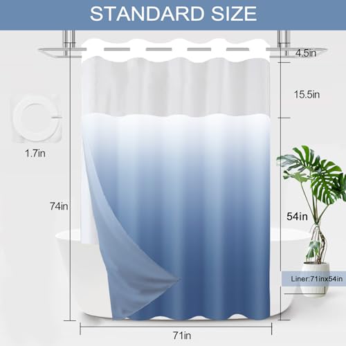 No Hook Shower Curtain with Snap in Liner, Ombre Light Blue Shower Curtains and Liner Set, Hotel Fabric Bath Curtain for Bathroom, Mesh Top Window Waterproof Washable, 71" x 74" - color: Ombre Light Blue, size: 71"W x 74"L (Pack of 1)